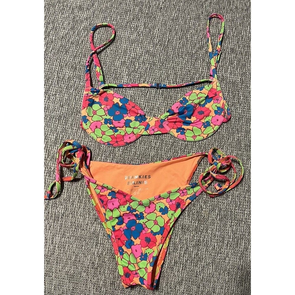 Frankies Bikinis Neon Floral Print Two Piece Top and String Tie Bottom Size M